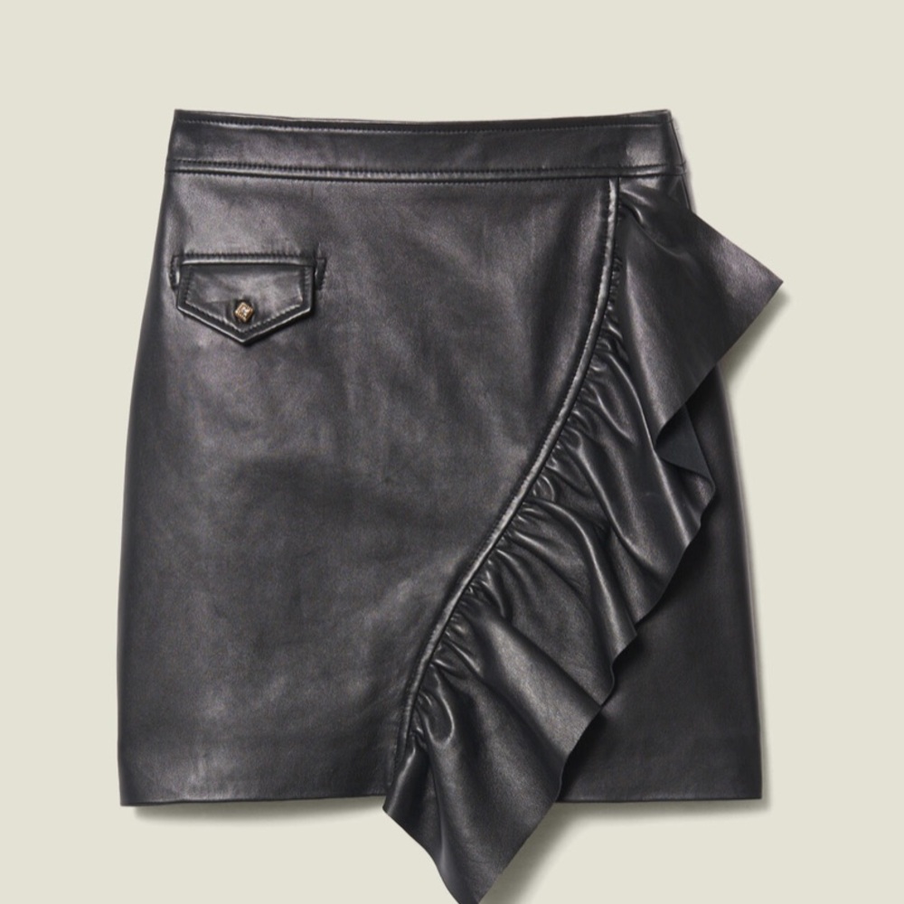 SANDRO Paris Black Leather Ruffle Skirt Size M